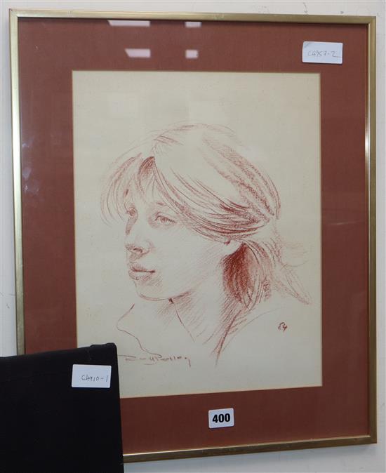 Roy Petley, sepia sketch, Portrait of a girl, signed and dated 84, 38 x 30cm